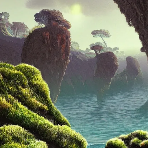 Prompt: artistic digital artwork of a lush natural scene on an alien planet. beautiful landscape by lurid ( 2 0 2 2 ). weird vegetation. cliffs and water. grainy and rough. soft interesting colour palette. straight shapes mixed with organic details. beautiful light. high quality render.