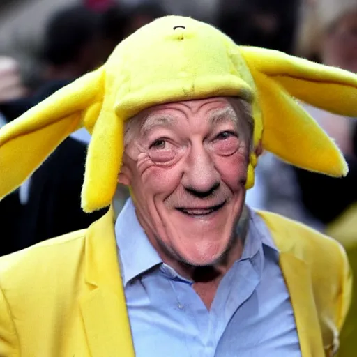 Image similar to ian mckellen dressed up as pikachu, photo dream