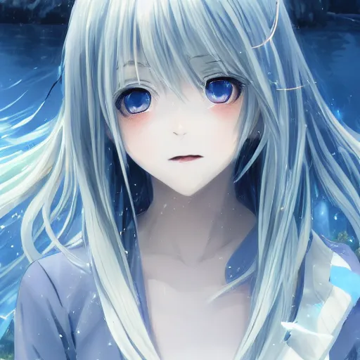 Image similar to a very beautiful anime girl, full body, long straight silver hair, sky blue eyes, full round face, short smile, casual clothes, ice snowy lake setting, cinematic lightning, medium shot, mid-shot, highly detailed, trending on Artstation, Unreal Engine 4k, cinematic wallpaper by Stanley Artgerm Lau, WLOP, Rossdraws, James Jean, Andrei Riabovitchev, Marc Simonetti, and Sakimichan