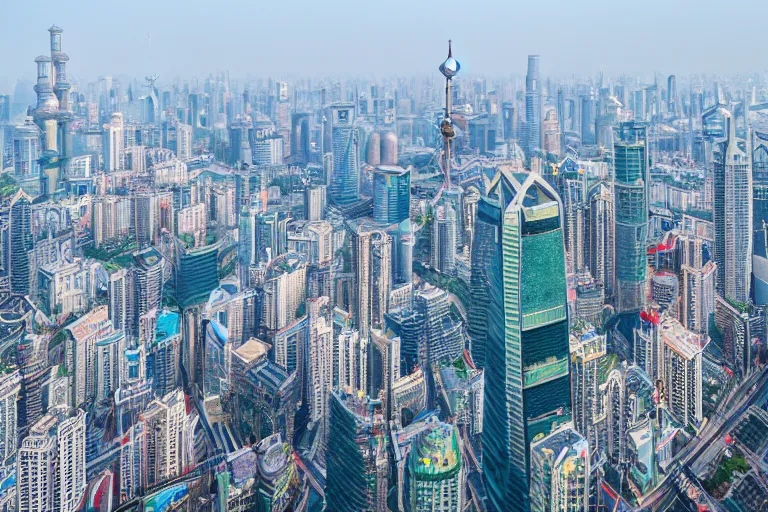 Image similar to 4 k hd, high detail photograph of shanghai cityscape, ultra wide shot, shot with sigma f / 4. 2, 2 5 0 mm sharp lens, consistent, high detailed light refraction, high level texture render