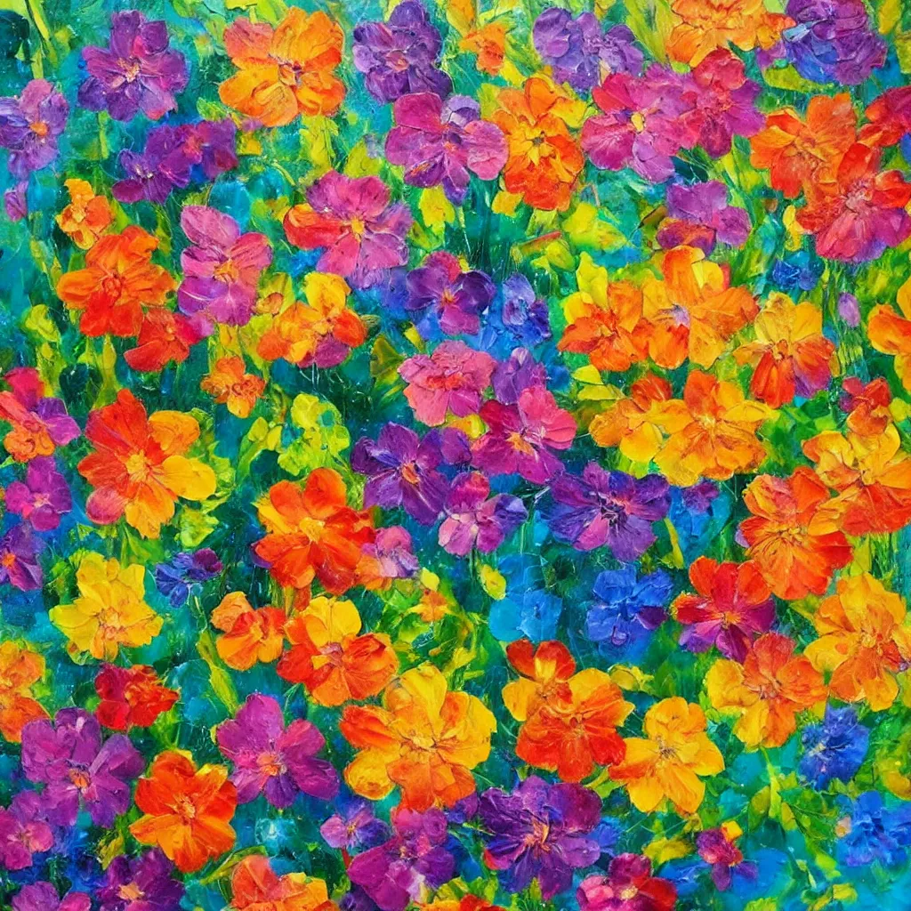 Image similar to large different coloured blossoms painted in 2 inch thick!!! impasto shiny dripping oil paint