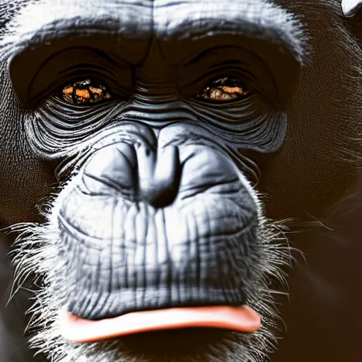 Image similar to a high detail closeup photograph of a chimpanze wearing a suit 👔, award wining photograph, digital art