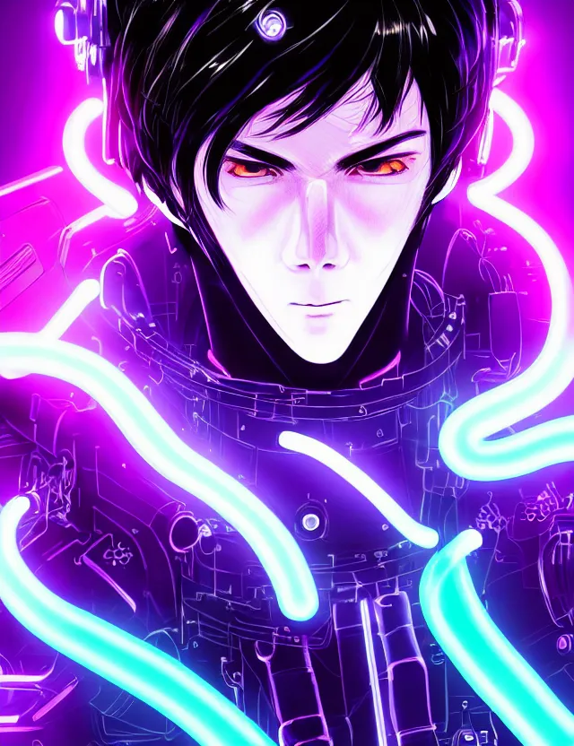 Image similar to a detailed manga portrait of a black haired cyborg man with glowing neon purple lights, trending on artstation, digital art, 4 k resolution, detailed, high quality, sharp focus, hq artwork, coherent, insane detail, character portrait