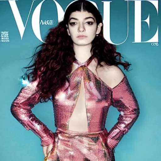 Image similar to lorde dressed in versace, cover for vogue magazine, disco ball in background, lorde standing on an elevated platform