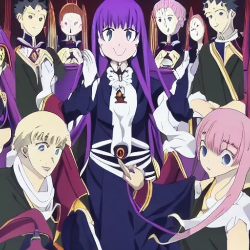 Prompt: Petelgeuse Romanee-Conti holding the Gospel ecstatically with both hands in front of an entourage of Witch cultists bowing their heads towards their master from the anime Re:Zero − Starting Life in Another World