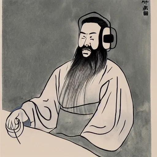 Image similar to confucius wearing vr headset, chinese ink painting