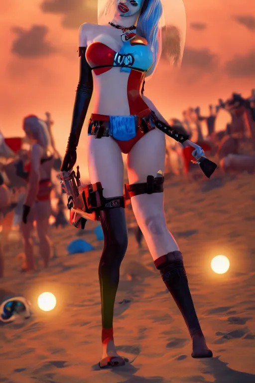 Image similar to harley quinn at the beach, hyper detailed, digital art, trending in artstation, cinematic lighting, studio quality, smooth render, unreal engine 5 rendered, octane rendered