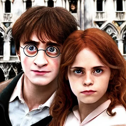 Image similar to Harry Potter Ron and Hermione in Venice, hyper realistic face, symmetrical face, beautiful eyes,