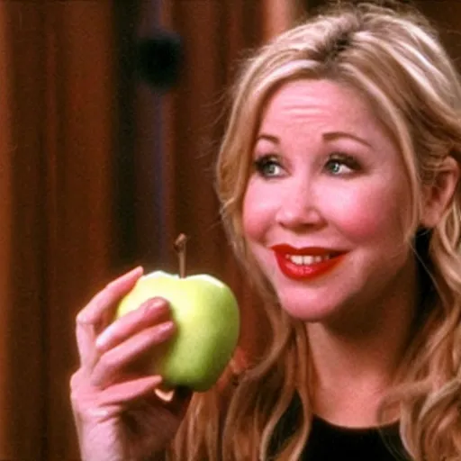 Image similar to an apple wearing christina applegate's face