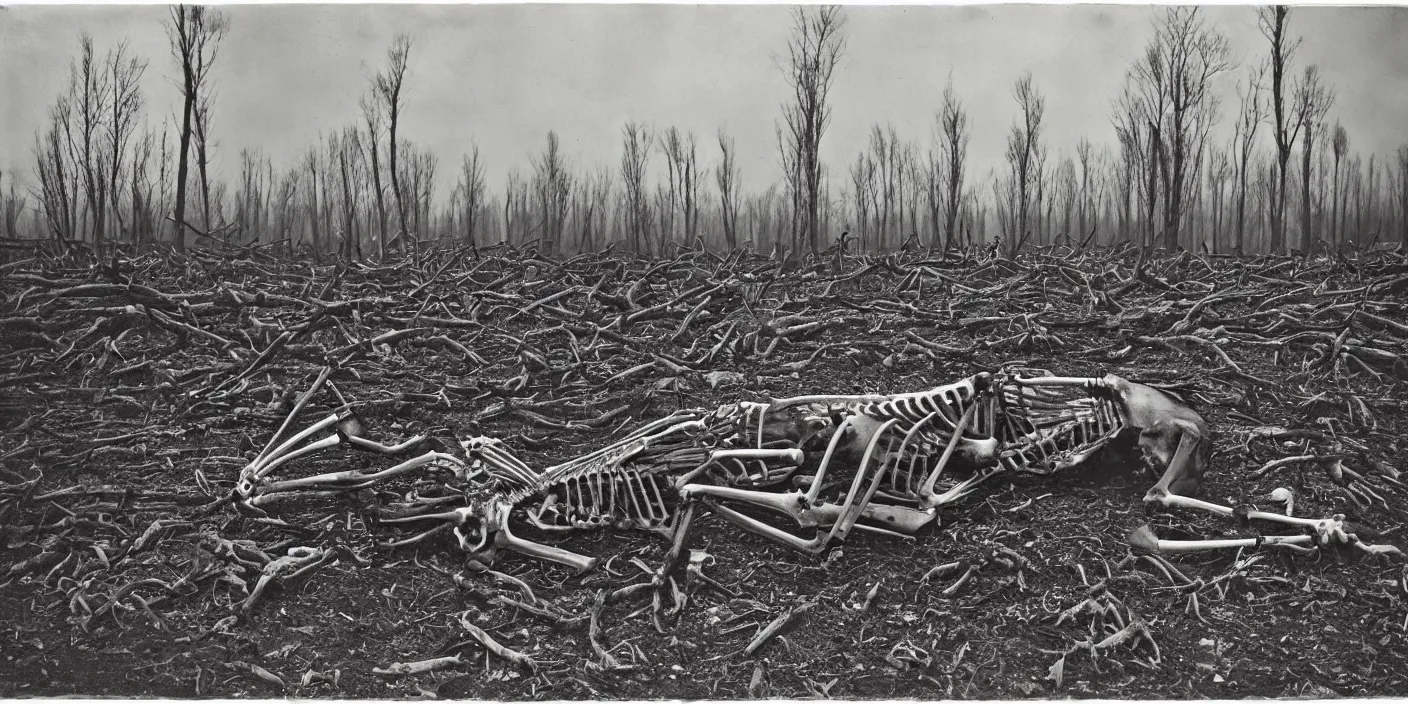 Prompt: portrait photography of deer skeleton laying in a industrial field of dead trees, smoking chimneys, machinery, 1. 2 f, 3 5 mm, dark, eerie, 1 9 2 0 s ghost photography