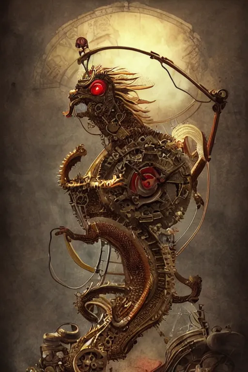 Prompt: illustration, old sick gold and crimsoned scaled asian style dragon on a steam punk plank of machinery with wires and gears and steam punk apparatus, matte painting, style of studio ghibli, concept art, featured in artstation and artgerm and pixiv, award winning, cinematic, 8 k