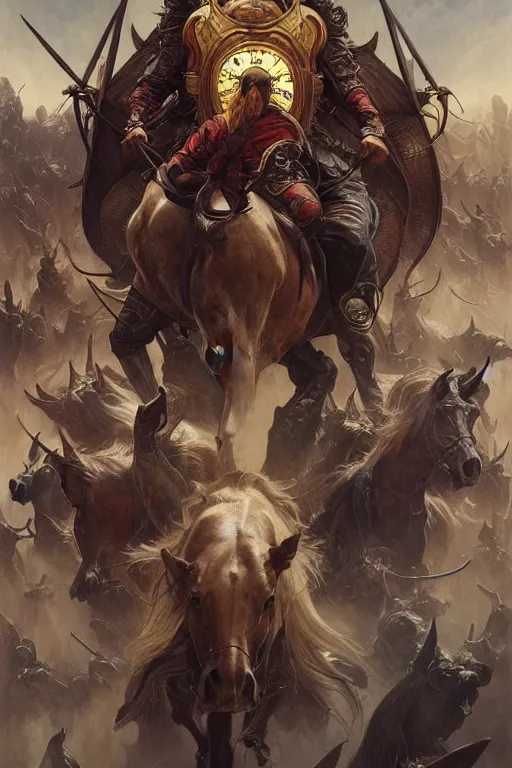 Image similar to realistic photo of the apocalypse, horsemen of the apocalypse sow chaos, deep focus, intricate, elegant, highly detailed, digital painting, art station, concept art, matte, sharp focus, illustration, art by artgerm and greg rutkowski and alphonse mucha