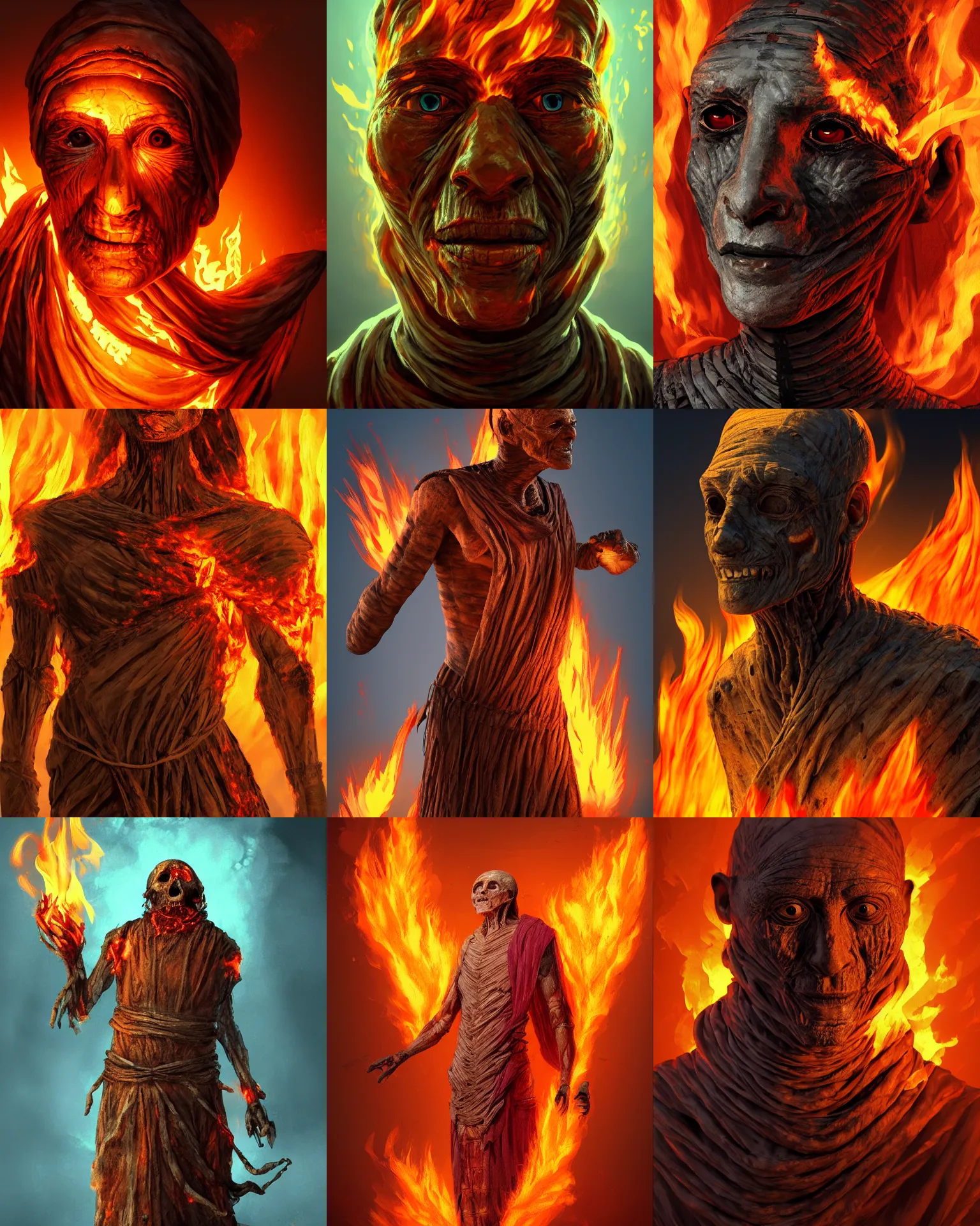 Prompt: old ancient mummy, on fire, wrapping is on fire, high detailed, realistic, complimentary colors, light, artstation, cinematic