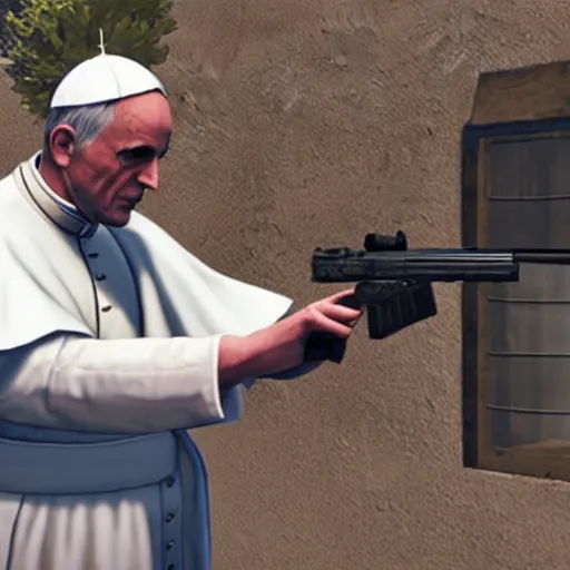 Image similar to the pope shooting a gun as a game character in gta 5, game graphics, game screenshot