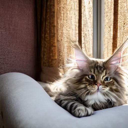 Prompt: portrait cream color maine coon cat curled up, bay window sofa, 8K, 4K, by Antoine Blanchard, oversaturated lens flair, bokeh, sunbeam