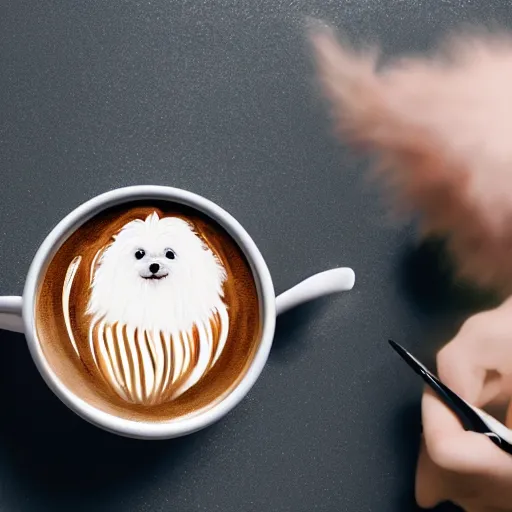 Image similar to a closeup photorealistic photograph of barista drawing bichon frise shaped latte art in a cup. professional capture, well lit shot. this 4 k hd image is trending on artstation, featured on behance, well - rendered, extra crisp, features intricate detail, epic composition and the style of unreal engine.