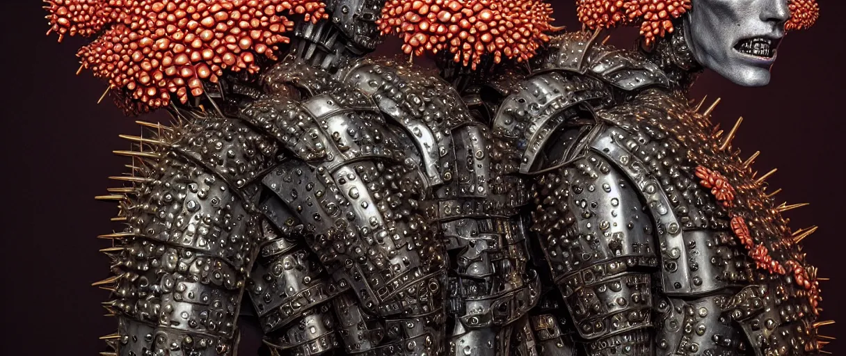 Image similar to hyperrealist highly detailed english medieval portrait of high fashion monster wearing spikey lopsided wired mecha armor, radiating atomic neon corals, veiny network growth with fungal pattern, concept art pascal blanche dramatic studio lighting 8k wide angle shallow depth of field