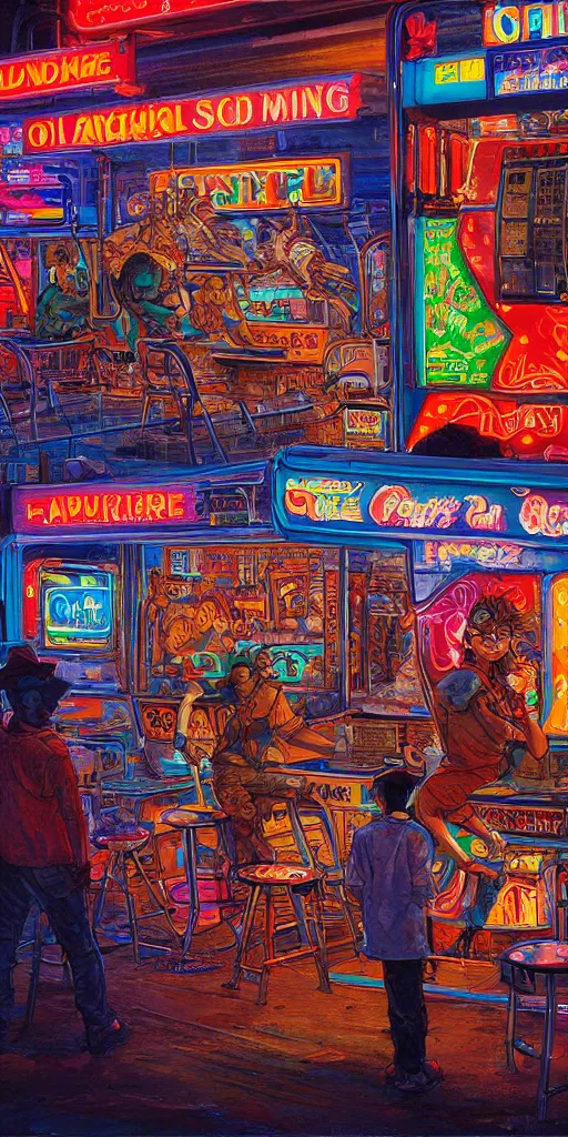 Image similar to oil painting scene from amusement arcade at night neon by kim jung gi