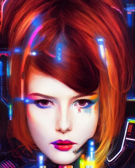 Prompt: dark portrait of a half - robot woman with circuits on her face, with cute - fine - face, pretty face, multicolored hair, realistic shaded perfect face, fine details by realistic shaded lighting poster by ilya kuvshinov katsuhiro otomo, magali villeneuve, artgerm, jeremy lipkin and michael garmash and rob rey