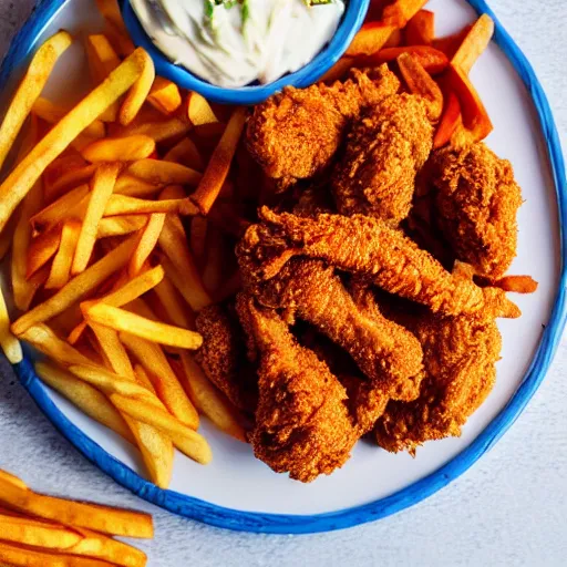 Image similar to professional photo of a plate with fried chicken, fries and coleslaw, 4k, studio photo, f/1.4