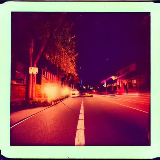 Image similar to colorful instant photograph of the middle of the street at night, polaroid, light leak, raw, nostalgic