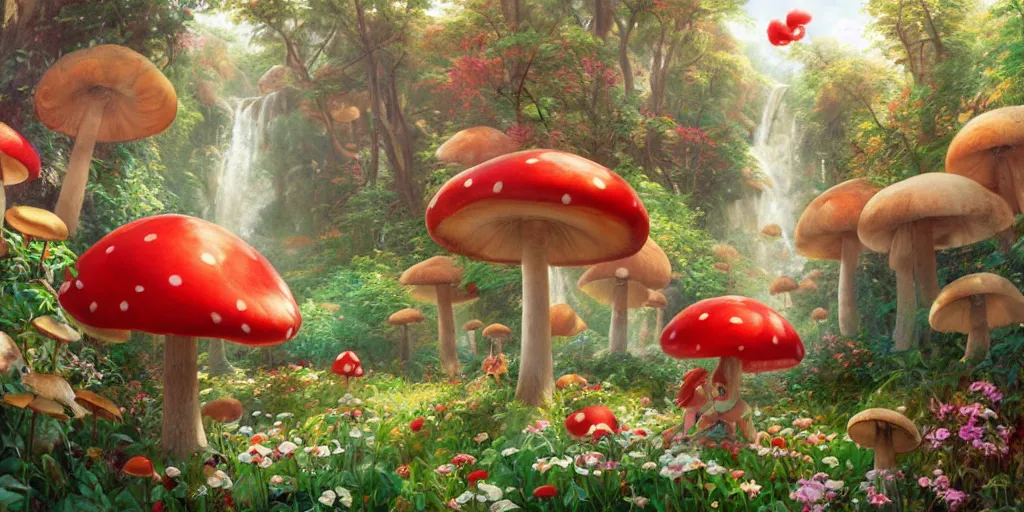 Prompt: princess peach roaming through a landscape, Mushroom Kingdom, Super Mario Theme, giant red and white spotted mushrooms, by Stanley Artgerm Lau , greg rutkowski, thomas kindkade, alphonse mucha, loish, norman Rockwell