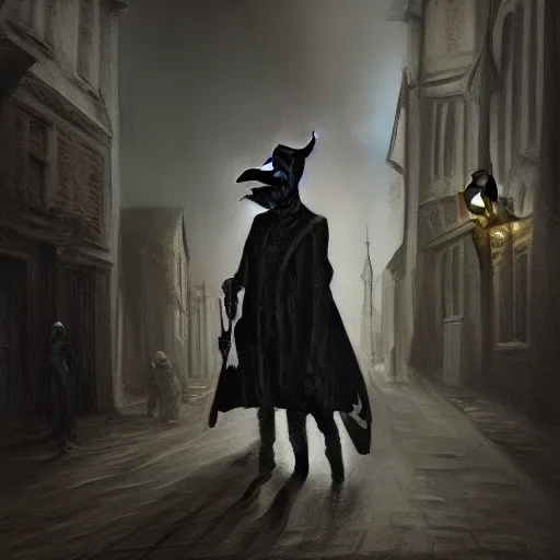 Prompt: a plague doctor walks through a Victorian city, dark atmosphere, detailed, dark Colors