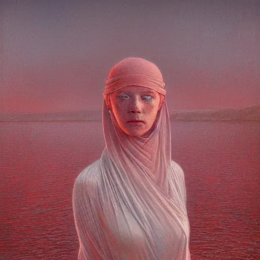 Image similar to portrait, shore of the lake, woman, wrapped around by veins, veiled, glowing red, by edgar maxence and ross tran, zdzisław beksinski, and michael whelan, distant, gustav dore, h. r. giger, 8 k, octane render