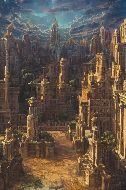 Image similar to gigantic palace, adorned pillars, towers, landscape, alex ross, neal Adams, david finch, concept art, matte painting, highly detailed, rule of thirds, dynamic lighting, cinematic, detailed, denoised, centerd