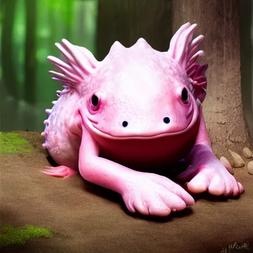 Prompt: very pink axolotl with cute round face sitting a bucket in the forest, award winning art, trending on artstation, digital art, painting, matte painting, hyper realistic, realism, photography, unreal engine 5, video game