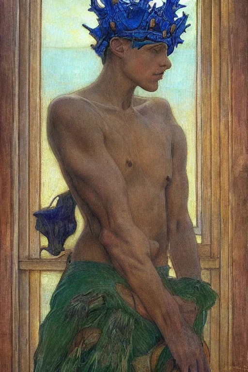 Image similar to the prince in his bone crown and regalia stands by the window at dusk,by Annie Swynnerton and Diego Rivera and Elihu Vedder, symbolist, dramatic lighting, elaborate geometric ornament, Art Brut, soft blues and greens,smooth, sharp focus, extremely detailed, Adolf Wölfli and (Evelyn De Morgan)