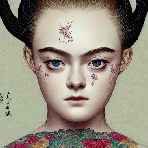 Image similar to professional painting of Elle Fanning in the style of Takato Yamamoto, head and shoulders portrait, symmetrical facial features, smooth, sharp focus, illustration, intricate, stormy weather, extremely detailed masterpiece,