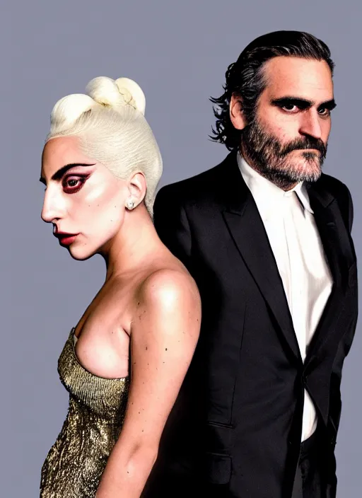 Prompt: lady gaga and joaquin phoenix styled by nick knight posing, full body shot, set pieces, intricate set, vogue magazine, canon, highly realistic. high resolution. highly detailed. dramatic. 8 k. 4 k.