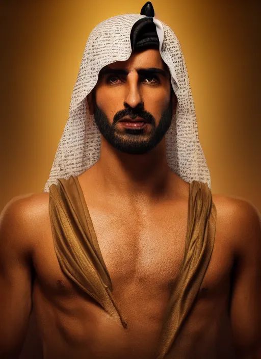 Image similar to portrait of sheikh ruler of dubai, djinn, head and torso only, cinematic lighting, studio quality, godly, cell shaded, 4 k, active, scenic, anger and fury