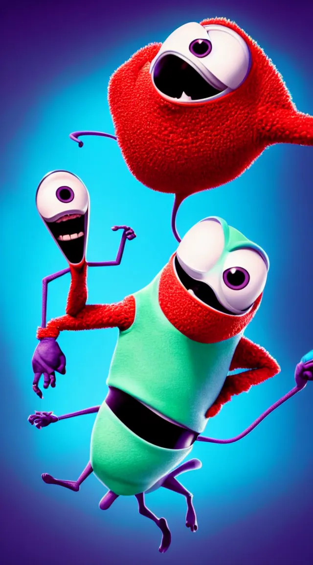 Prompt: a full studio shot of an airborne virus as a pixar character against a dark cyan backdrop. its cute, evil and adorable. hyper realistic photo, full color, upscale, 8 k.