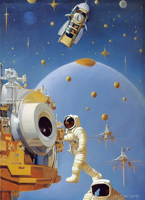 Image similar to a golden doodle astronaut, large scale painting by robert mccall and vladimir kush