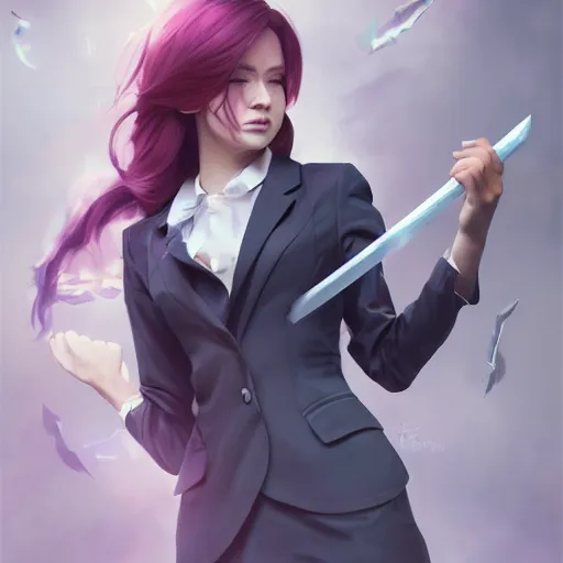 Image similar to A portrait of a female magical girl wearing a business suit and holding a wand, full round face, light makeup, pale skin, medium shot, mid-shot, hyperdetailed, 8k, trending on artstation, artgerm and greg rutkowski