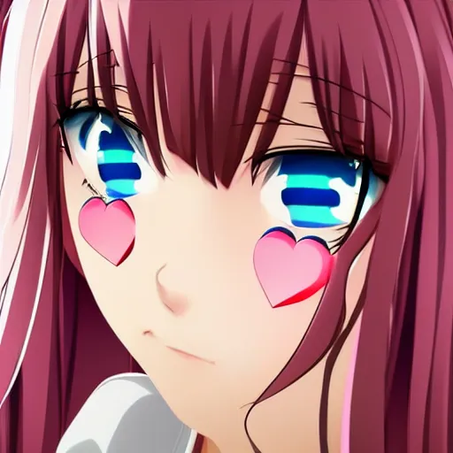 Image similar to anime girl with hearts in her eyes blushing looking straight forward, close up portrait.