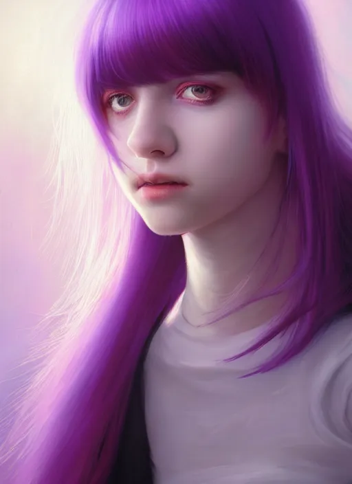 Image similar to hair whitebangs hair, black hair, whitebangs, portrait of teenage girl with white bangs, red irises, purple clothes, white bangs, bangs are different color from hair, intricate, elegant, glowing lights, highly detailed, digital painting, artstation, concept art, smooth, sharp focus, illustration, art by wlop, mars ravelo and greg rutkowski