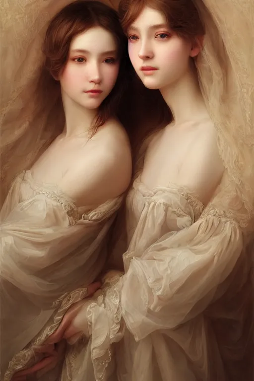 Image similar to a masterpiece ultrarealistic ultradetailed portrait of a very beautiful twins, baroque renaissance. medium shot, intricate, elegant, by stanley artgerm lau, wlop, rossdraws, james jean, andrei riabovitchev, marc simonetti, light by julie bell, porcelain skin. global illumination. vfx