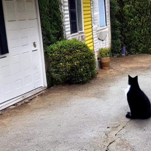 Image similar to a cat that is gigantic and sitting right next to a car outside of a house