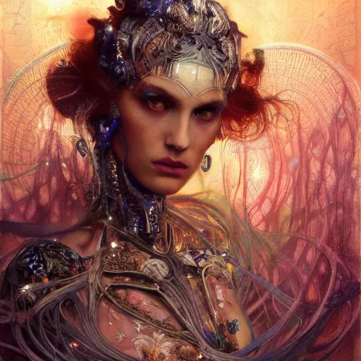 Image similar to extremely psychedelic beautiful cyborg queen of lsd. intricate, elegant, highly detailed, extremely lifelike photorealistic digital painting, artstation. steichen, gaston bussiere, tom bagshaw, cyberpunk alphonse mucha. dark pallet, melancholy. anatomically correct in every way. sultry. sharp focus. soft light.