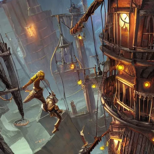 Image similar to Thieves using grappling hooks to climb a steampunk city, epic fantasy art style HD