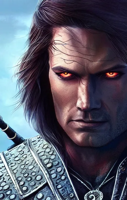 Prompt: pretty muscular sam winchester as the witcher, fantasy style, sharp focus!, ultra detailed, art by artgerm and peter andrew jones, wlop