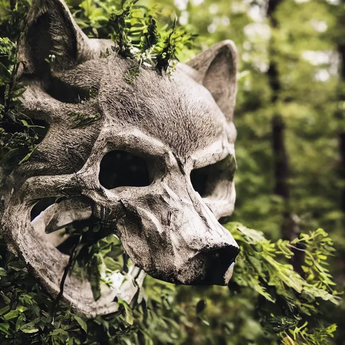Image similar to overgrown foliage taking over a realistic wolf skull, close - up, 3 5 mm, f 1. 8, bokeh, beautiful, lens flare, emotional, sweet, flowers, detailed, picture, trending on artstation, award - winning, shiny, golden