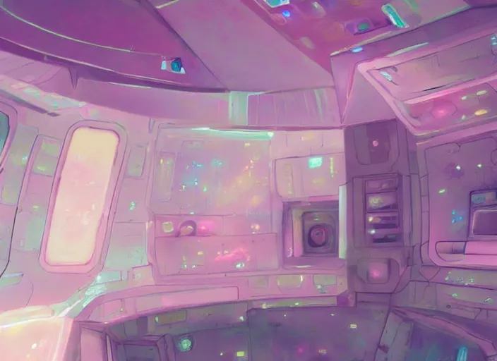Image similar to faster than light travel, interior of this cute pastel fluffly spaceship, cluttered panels intricate electronics painterly impression of this glowing impasto trending on pixiv scene, interesting glowing fuzzy unclear where am i inside spaceship interior