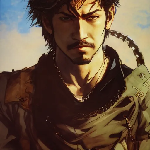 Image similar to portrait of a hero holding his sword in front of his face by yoji shinkawa, high quality, extra details, realism, ornate, colored, golden chain, blood, white skin, short hair, brown eyes, vivid, sunlight, dynamic, american man, freedom, spray paint