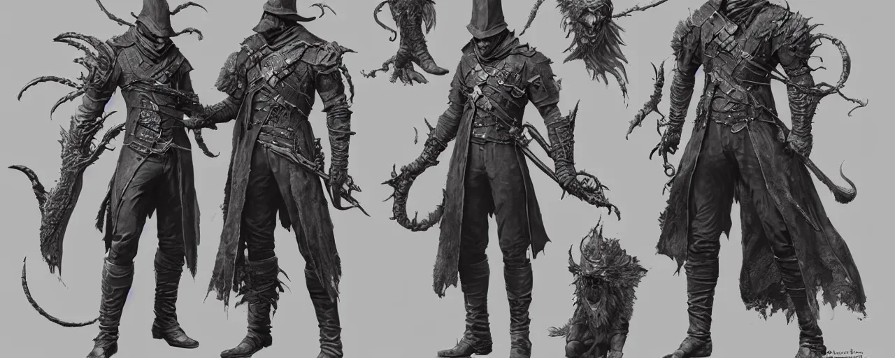 Prompt: character design, refence sheet, bloodborne 2 boss, concept art, photorealistic, hyperdetailed, 3 d rendering!, art by leyendecker! and frazetta