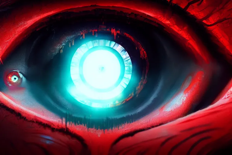 Image similar to portrait of a mystical giant eye, red pupils, intricate, ( ( abstract ) ), cinematic, octane render, wlop, greg rutkowski, dan mumford, artgerm