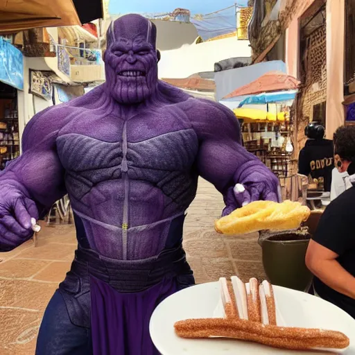 Image similar to thanos from marvel mcu eating a churros at a bar in tharros ( sardinia )